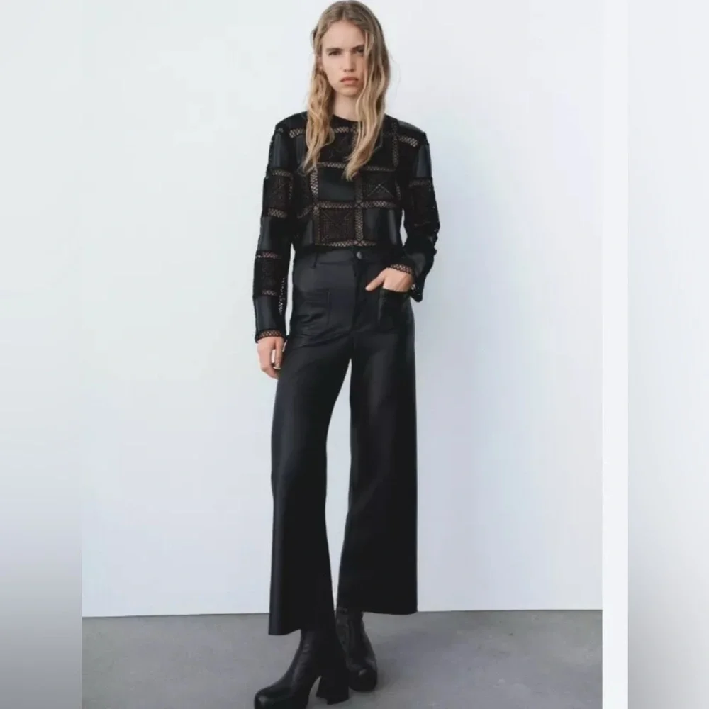 Zara Faux Leather Crochet Long Sleeve Top, Size M